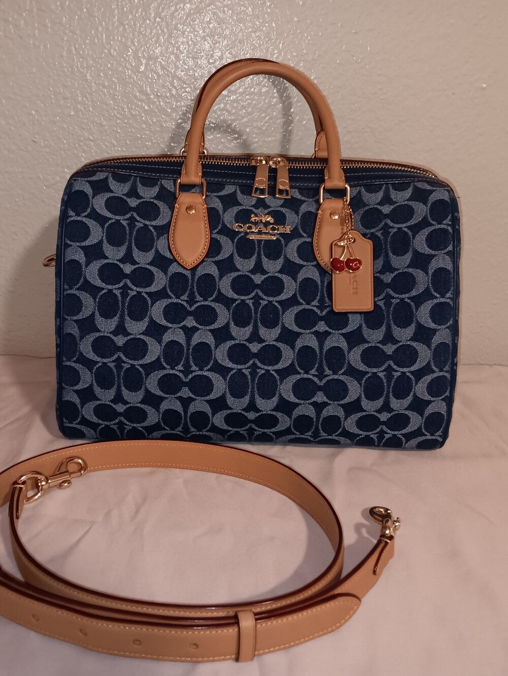 Coach Large Denim Rowan With Coach Poppy Small Wristlet With Gold Leather Trim - Picture 2 of 16